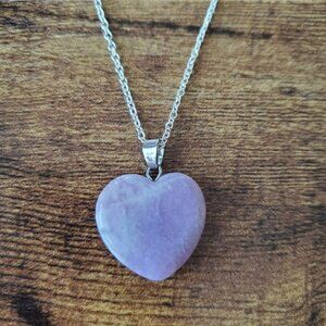 Purple Heart Shaped Stone Pendant Necklace On Silver Tone Chain, Crystal Jewelry
